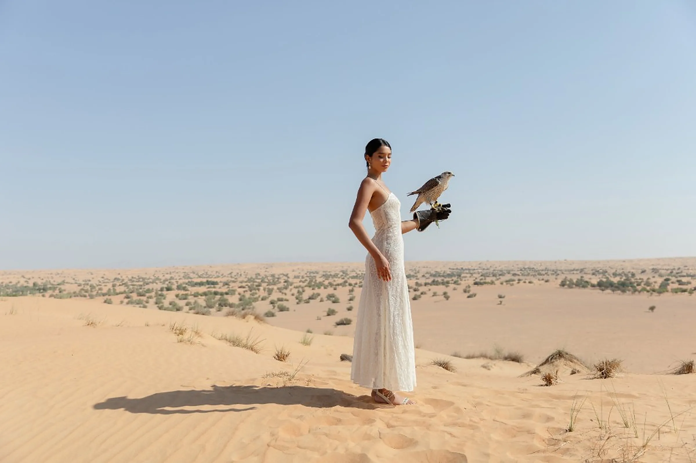 Bride in the Dubai desert holding a falcon