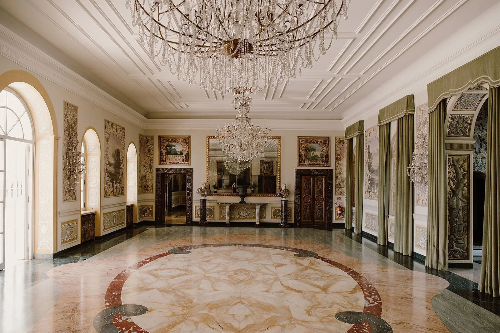 Villa Miani, Rome – ballroom with marble inlay, chandeliers and classical mirrors