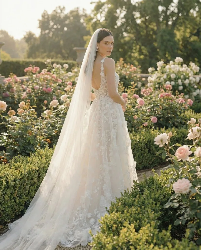 Bride in a garden with roses and golden light